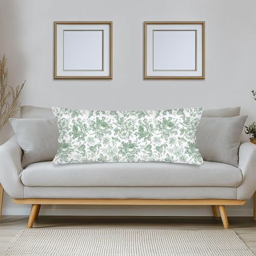 Sage Green and White Porcelain Floral Lumbar Pillow Cover 14x36 Long Body - Image 4