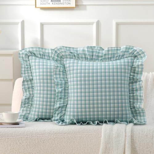 Gingham Throw Pillow Covers 20x20, Seafoam Green, Ruffle Trim by Jilboo