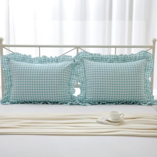 Mywinlle Dusty Blue Checkered Ruffle Bed Pillow Shams Standard Size 20"x26" - Image 3