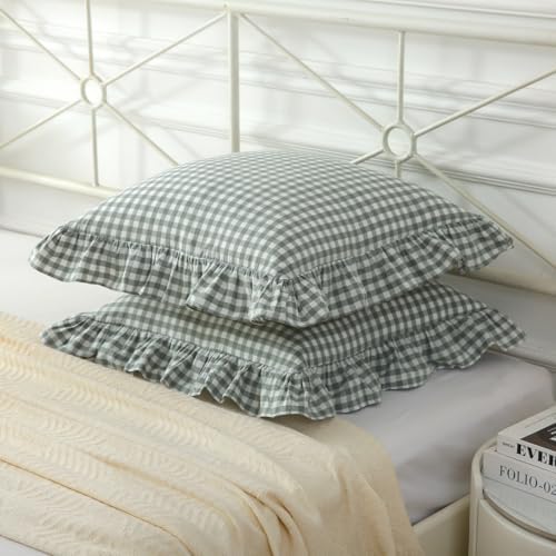 Mywinlle Dusty Green Gingham Plaid Ruffle Throw Pillow Covers 18"x18" - Image 3