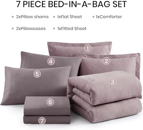 Monbix King Size Comforter Set 7 Pieces Lilac Cationic Dyeing Bed in a Bag - Image 7