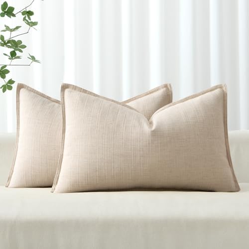 MIULEE Thick Textured Lumbar Throw Pillow Covers 20x12 Inch Natural Linen by MIULEE