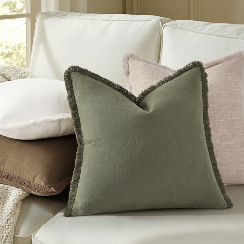 decorUhome Linen Fringe Olive Green Throw Pillow Covers 20x20 Set of 2 - Image 4
