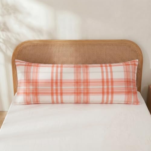 Merryword 100% Cotton Body Pillow Cover, 20 x 54, Washed Cotton Coral Plaid - Image 2