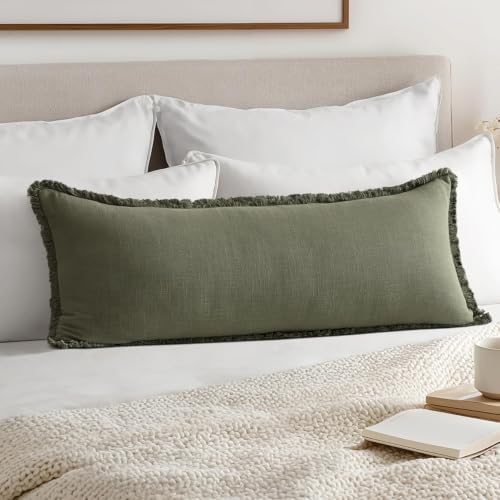 MIULEE 14x36 Long Linen Fringe Lumbar Pillow Covers Set of 1 Olive Green by MIULEE