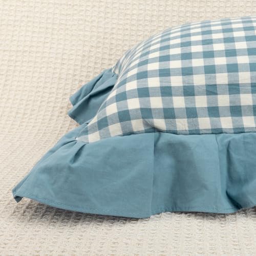 JoraLion Ruffled 18x18 Pillow Cover Gingham Smoke Blue Solid Edge - Image 4