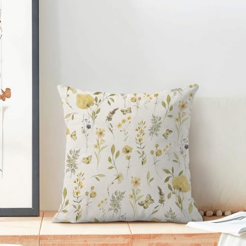 Spring Pillow Covers 20x20 Inch Set of 2, Mustard Yellow Green Wild Flower - Image 3