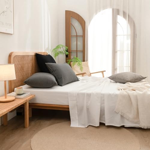 BESTOUCH Washed Cotton Pillowcases Linen Feel Dark Grey Queen - Image 5