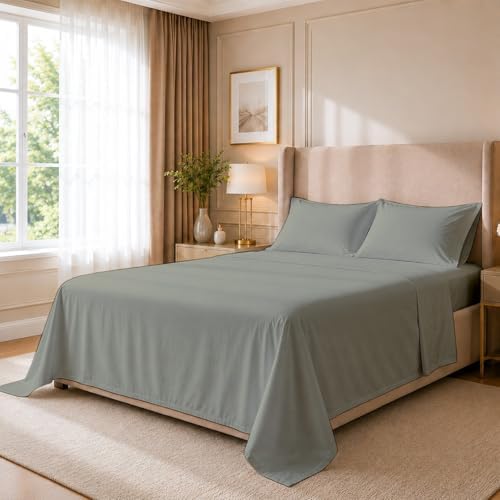 Cottingon 4 Piece Queen Sheets Fits 16" Deep, Egyptian Cotton, Light Grey by COTTINGON
