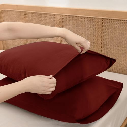 BESTOUCH Washed Cotton Pillowcases Linen Feel Fired Brick Red King - Image 4