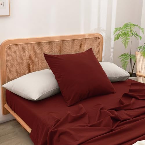 BESTOUCH Washed Cotton Pillowcases Linen Feel Fired Brick Red Euro by BESTOUCH