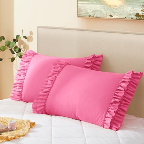 Vonty Hot Pink Ruffled Pillow Cases Set of 2, Body Size, 20x54 Inch - Image 7