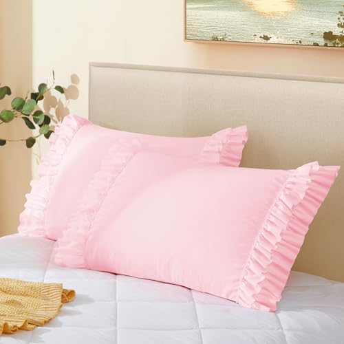 Vonty Pink Ruffled Pillow Cases Set of 2, Queen Size, 20x30 Inch by CreateCozyLife