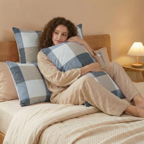 Merryword 100% Cotton Pillow Cases, Standard Size, Washed Cotton Gray Check - Image 6