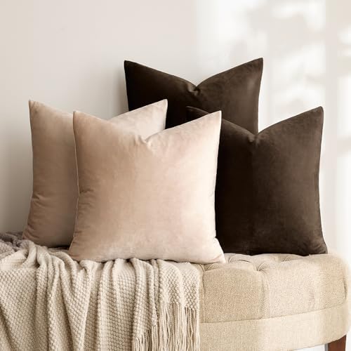 GIGIZAZA Pack of 4 Decorative Velvet Pillow Covers 20x20 Brown Beige - Image 3