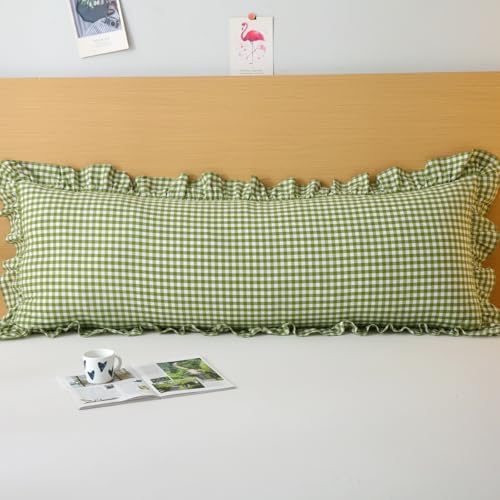 Silnuo Olive Green/White Gingham Ruffled Body Pillow Cover 20"x54" - Image 2