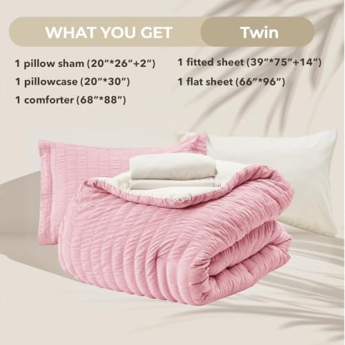 HYMOKEGE Pink/Ivory Twin Comforter Set Seersucker 5 Pieces, All Season Luxury - Image 6