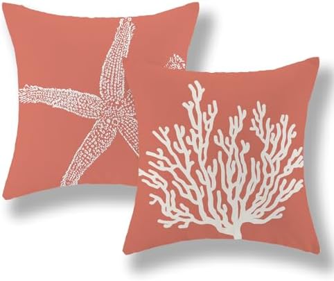 Orange Starfish Pillow Covers 18x18 Inch Set of 2, Nautical Ocean Coastal Coral by GOLIANDA
