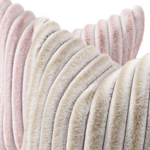 decorUhome Fall Faux Fur Throw Pillow Covers 16x16 Set of 2 Beige White - Image 2