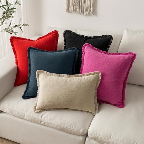 MIULEE Boho Linen Fringe Decorative Euro Throw Pillow Covers Red 22x22 - Image 5
