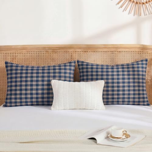 Merryword 100% Cotton Pillow Cases, Queen Size, Washed Cotton Deep Blue Plaid - Image 4