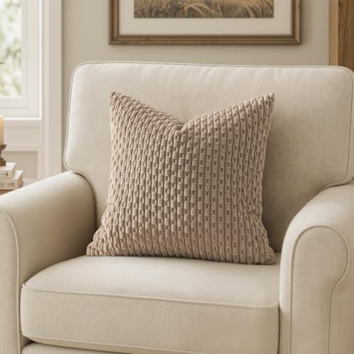 MIULEE Decorative Throw Pillow Covers 16x16 Light Brown Textured Corduroy - Image 6