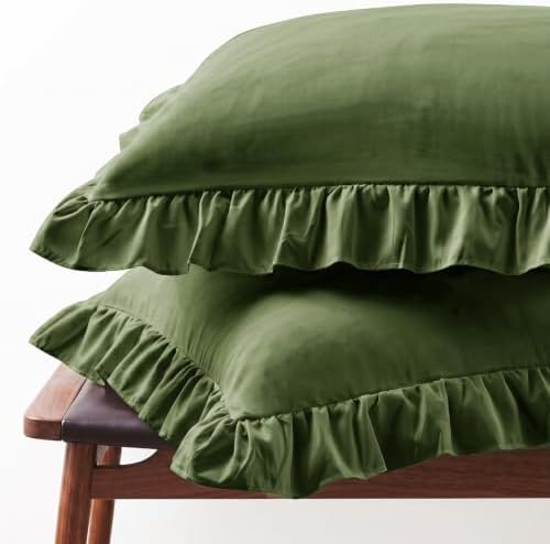 Set of 2 Microfiber Ruffle Pillow Cases Standard Size Olive Green by FMLIUY
