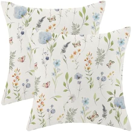 Spring Pillow Covers 18x18 Inch Set of 2, Sage Green Blue Wild Flower Throw by AEIOAE