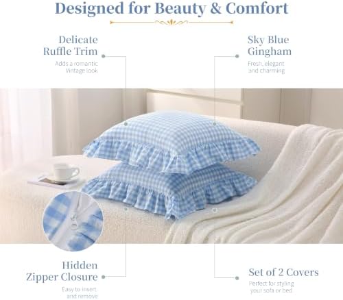 Gingham Throw Pillow Covers 18x18, Sky Blue, Ruffle Trim - Image 4