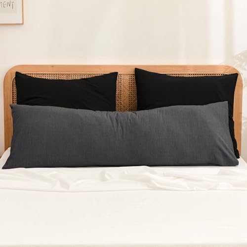 BESTOUCH Washed Cotton Pillowcases Linen Feel Dark Black Body by BESTOUCH