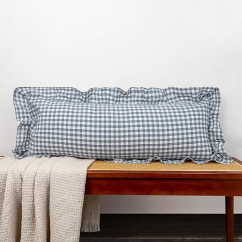 JoraLion Ruffled Lumbar Pillow Cover 14x36 Gingham Smoke Blue by JoraLion