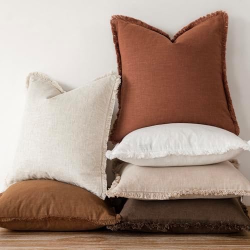 Foindtower Decorative Linen Fringe Throw Pillow Covers 16×16 Rust Orange - Image 6