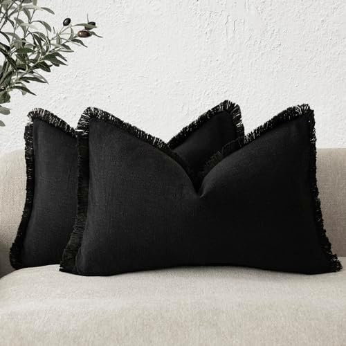 Foindtower Decorative Linen Fringe Lumbar Throw Pillow Covers 12×20 Black by Foindtower