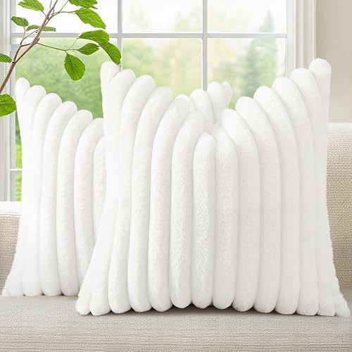 decorUhome Fall Faux Fur Throw Pillow Covers 22x22 Set of 2 White by decorUhome