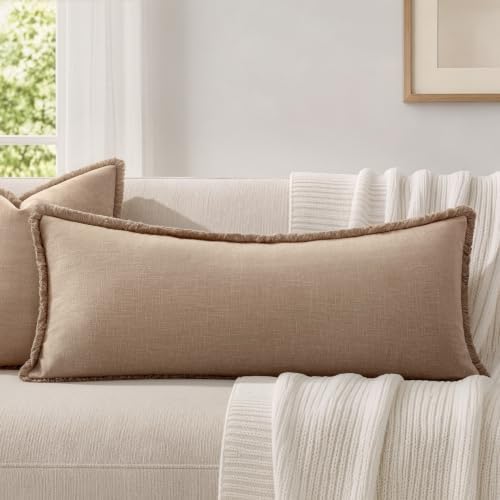 MIULEE 14x36 Long Linen Fringe Lumbar Pillow Covers Set of 1 Camel - Image 7