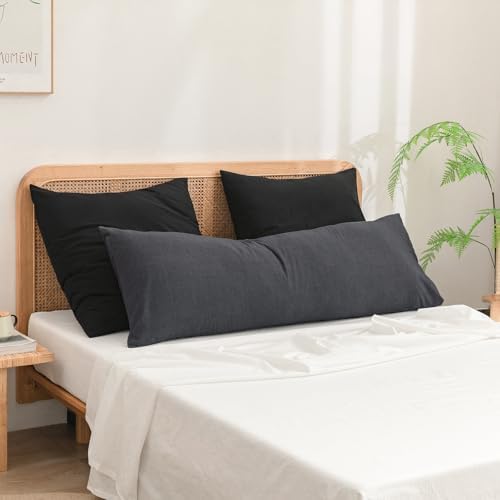 BESTOUCH Washed Cotton Pillowcases Linen Feel Dark Black Body - Image 2