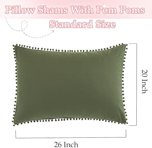 Pom Poms Pillow Shams Standard Size Set of 2, Olive Green Decorative Pillowcases - Image 3
