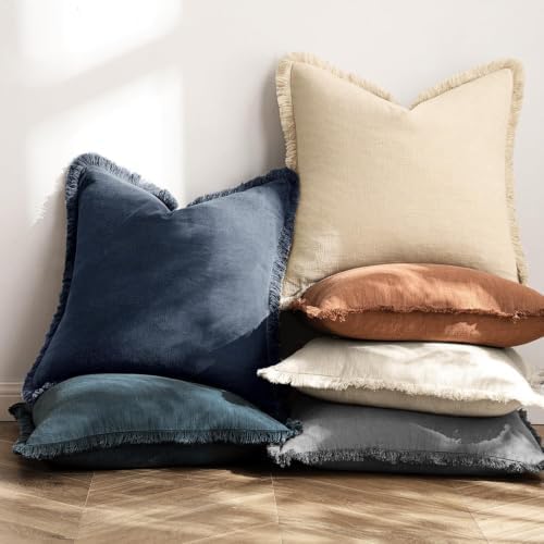 MIULEE Linen Fringe Decorative Euro Throw Pillow Covers Indigo Blue 22x22 - Image 6