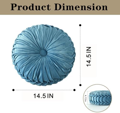 HIG Set of 2 Dusty Blue Velvet Decorative Round Pleated Throw Pillows - Image 6
