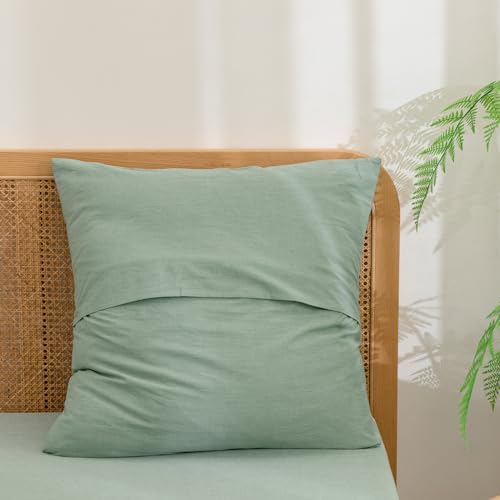 BESTOUCH Washed Cotton Pillowcases Linen Feel Green Euro - Image 2