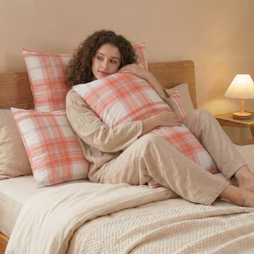 Merryword 100% Cotton Pillow Cases, Standard Size, Washed Cotton Coral Plaid - Image 5