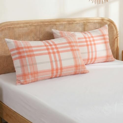 Merryword 100% Cotton Pillow Cases, Standard Size, Washed Cotton Coral Plaid - Image 4