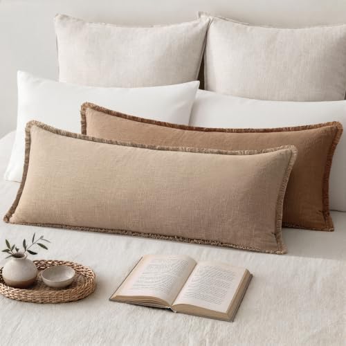 MIULEE 14x36 Long Linen Fringe Lumbar Pillow Covers Set of 1 Camel - Image 3