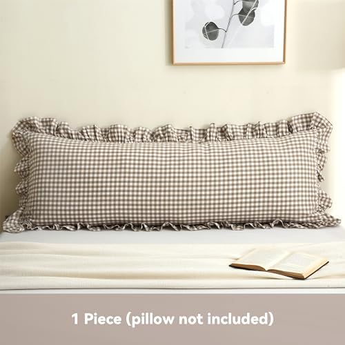 Warm Taupe Gingham Body Pillow Cover 20x54, Ruffled Cotton Sham - Image 2