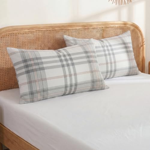 Merryword 100% Cotton Pillow Cases, King Size, Washed Cotton Coral Plaid - Image 3