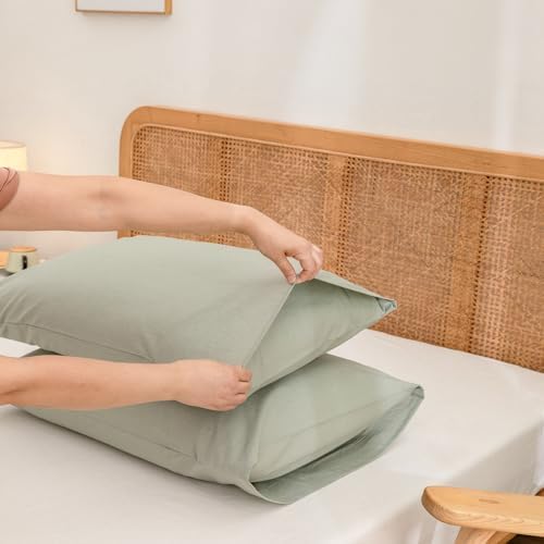 BESTOUCH Washed Cotton Pillowcases Linen Feel Sage Green Standard - Image 3