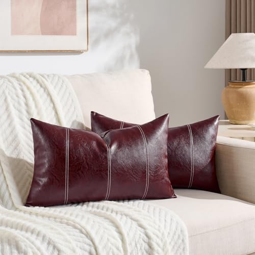 Fancy Homi Burgundy Long Lumbar Faux Leather Decorative Throw Pillow Covers - Image 2
