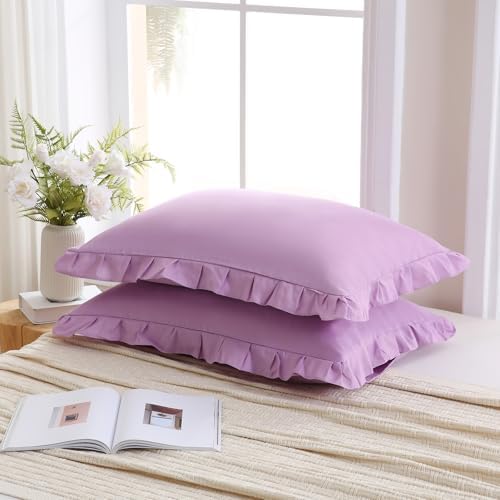 Merryword Lavender Purple Pillowcases King Size Ruffled Pillow Shams Set of 2 - Image 3