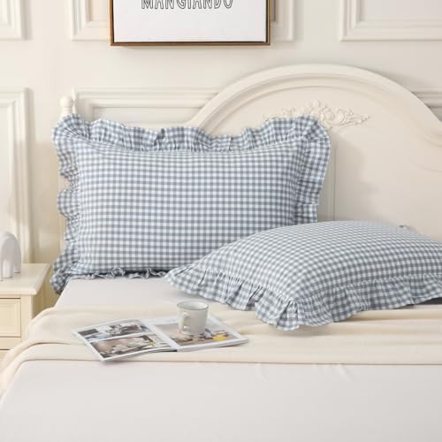 Silnuo Light Blue Plaid Gingham Ruffle Pillow Shams King Size Set of 2 by Silnuo