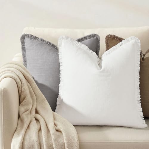 decorUhome Linen Fringe Cream White Throw Pillow Covers 26x26 Set of 2 - Image 4